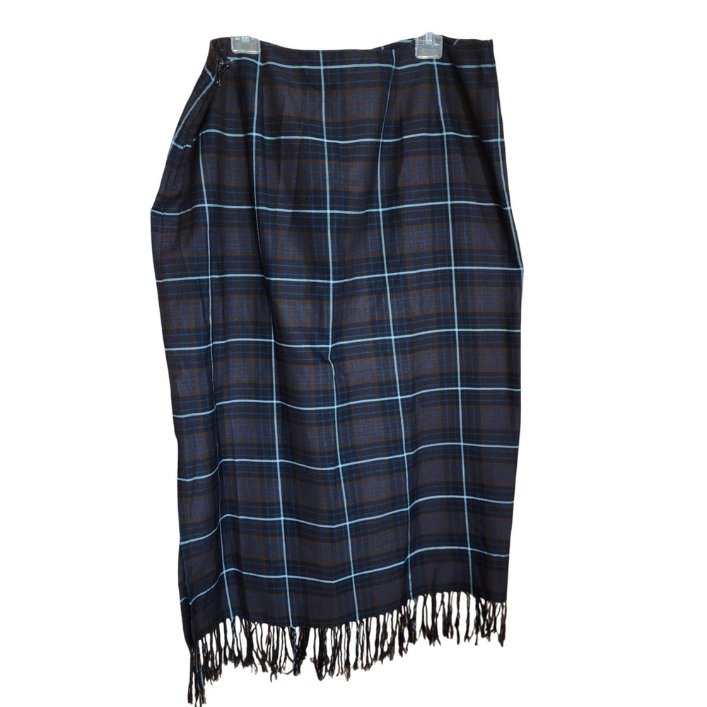 Cato Woman Plaid Fringe Hem Midi Skirt Brown Blue Plus Size 20W Side Zip